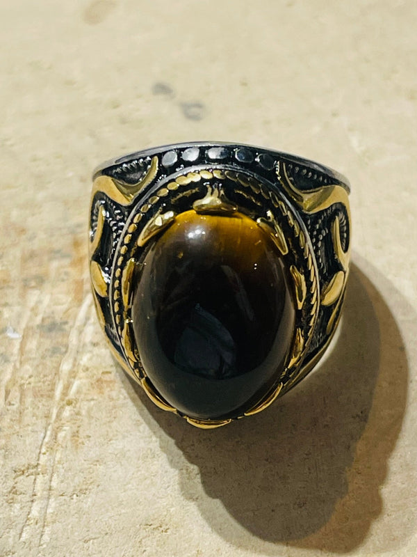 Bague en Œil de tigre ovale, Taille 60 - Les bijoux de Théa