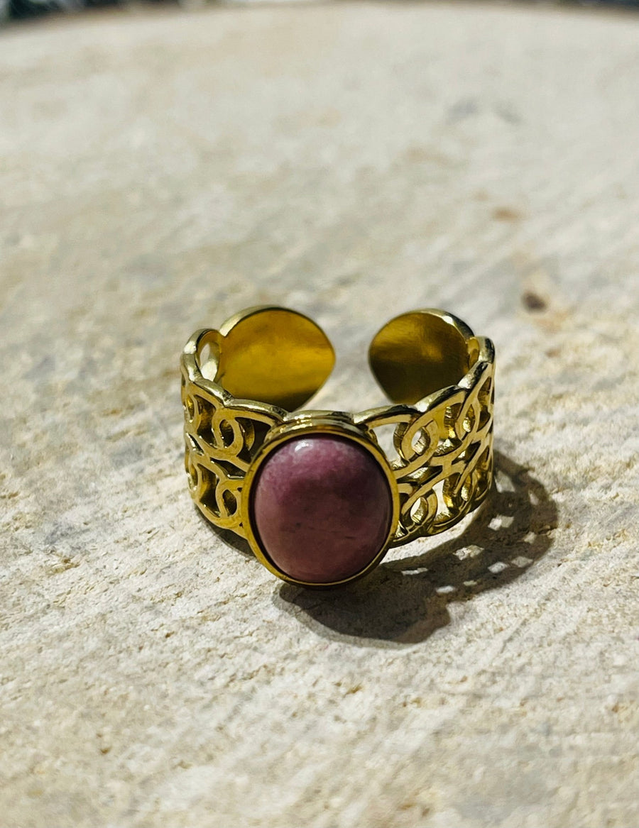 Bague sertie d´une Rhodonite, taille réglable - Les bijoux de Théa