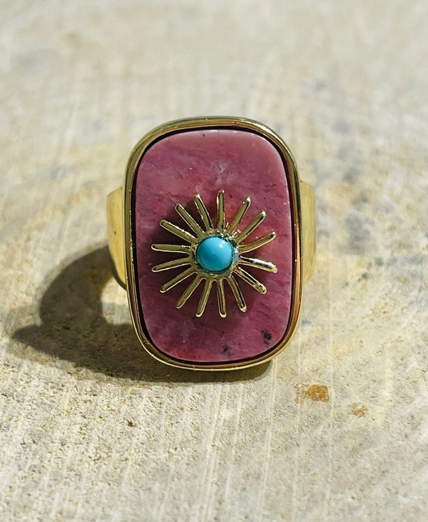 Bague Soleil sertie d’une Rhodonite, Taille réglable - Les bijoux de Théa