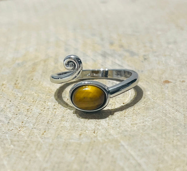 Bague vague en Oeil de tigre ovale, Taille réglable - Les bijoux de Théa