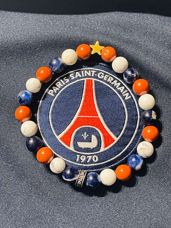 Bracelet de perles en pierre naturelle PSG en Sodalite, Howlite, Jaspe Rouge 8 mm avec étoile Champion d’Europe - Les bijoux de Théa