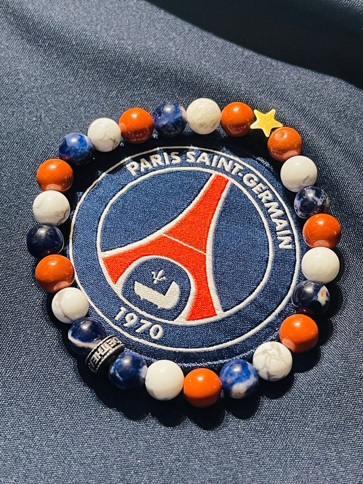 Bracelet de perles en pierre naturelle PSG en Sodalite, Howlite, Jaspe Rouge 8 mm avec étoile Champion d’Europe - Les bijoux de Théa