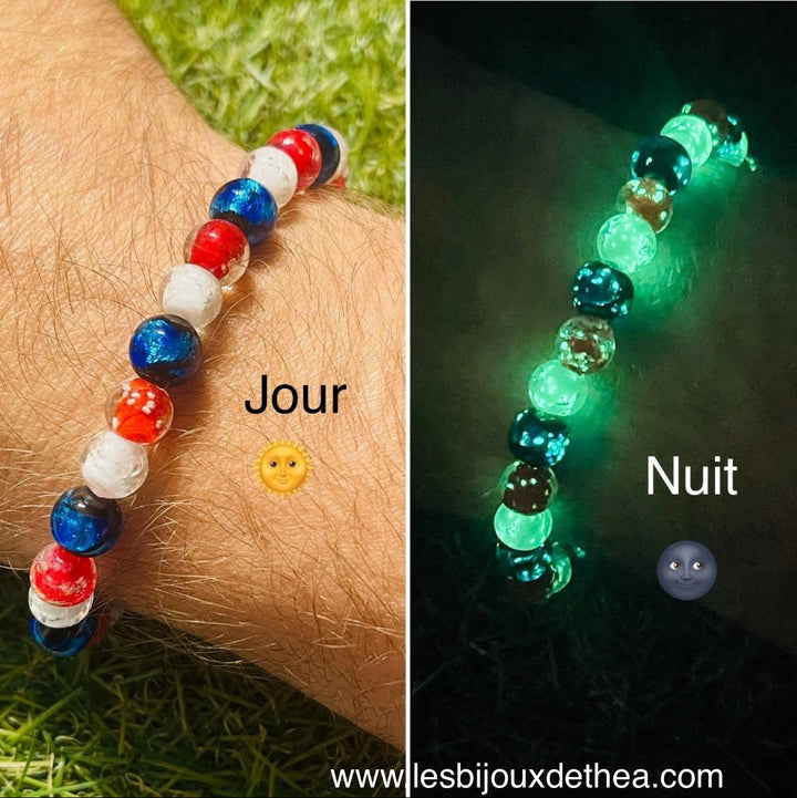 Bracelet en perles Lumineuses France bleu blanc rouge en 8 mm - Les bijoux de Théa