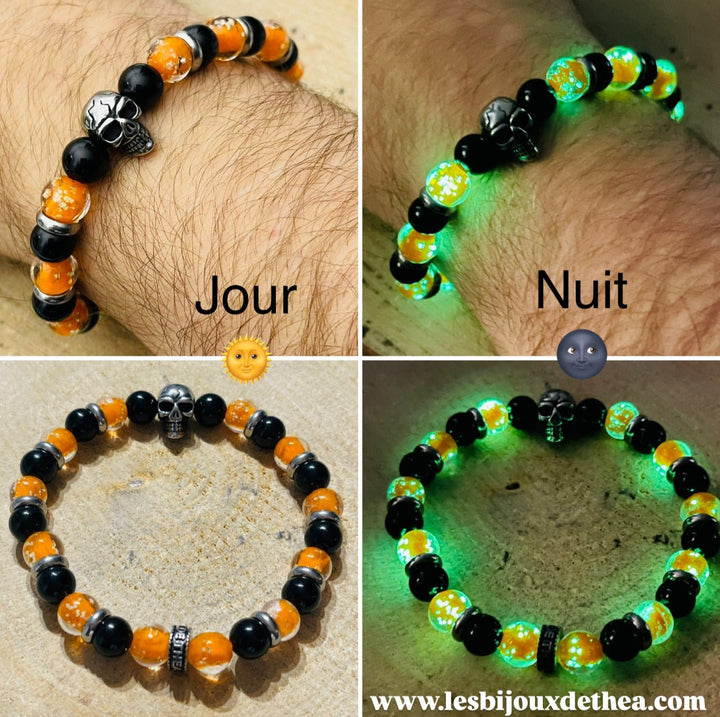 Bracelet en perles Lumineuses orange, Onyx 8 mm et tête de mort - Les bijoux de Théa