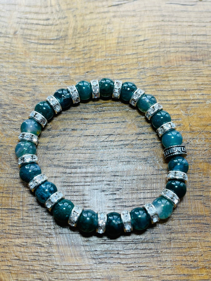 Bracelet en perles naturelles 8 mm en Agate Mousse et strass - Les bijoux de Théa