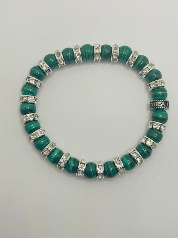 Bracelet en perles naturelles 8 mm en Malachite et strass - Les bijoux de Théa