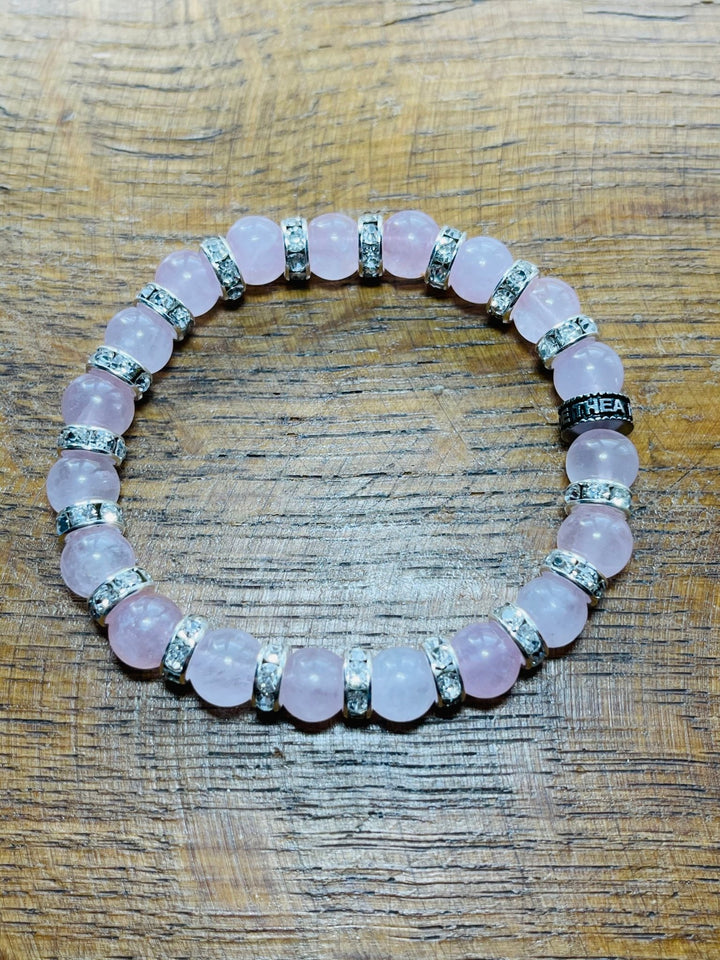 Bracelet en perles naturelles 8 mm en Quartz Rose et strass - Les bijoux de Théa