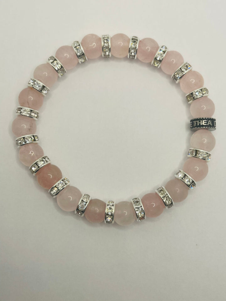 Bracelet en perles naturelles 8 mm en Quartz Rose et strass - Les bijoux de Théa