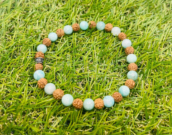 Bracelet en perles naturelles en Graines de Rudraksha et Amazonite - Les bijoux de Théa