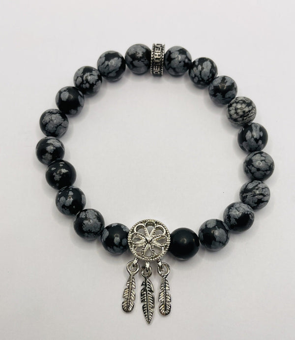 Bracelet en perles naturelles en Obsidienne Flocon et attrape rêve - Les bijoux de Théa