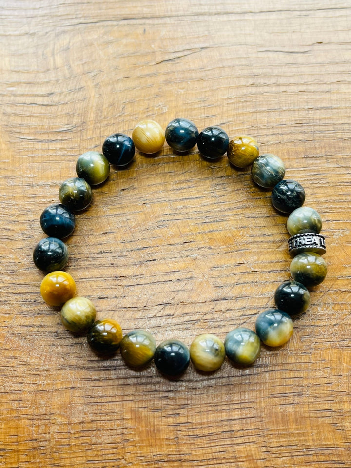 Bracelet en perles naturelles en Oeil de Tigre jaune/bleu - Les bijoux de Théa