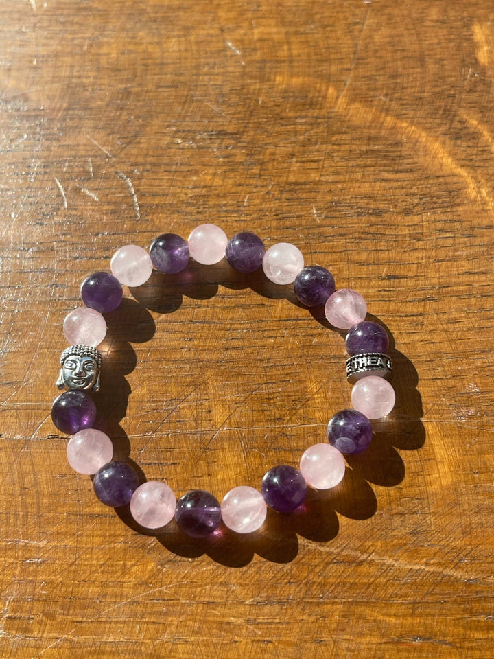 Bracelet en perles naturelles en Quartz Rose, Améthyste et bouddha - Les bijoux de Théa