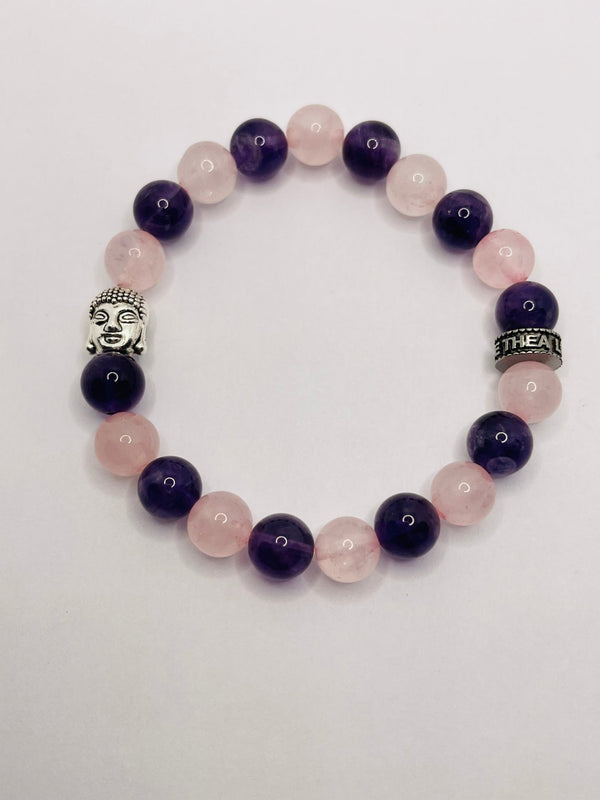 Bracelet en perles naturelles en Quartz Rose, Améthyste et bouddha - Les bijoux de Théa