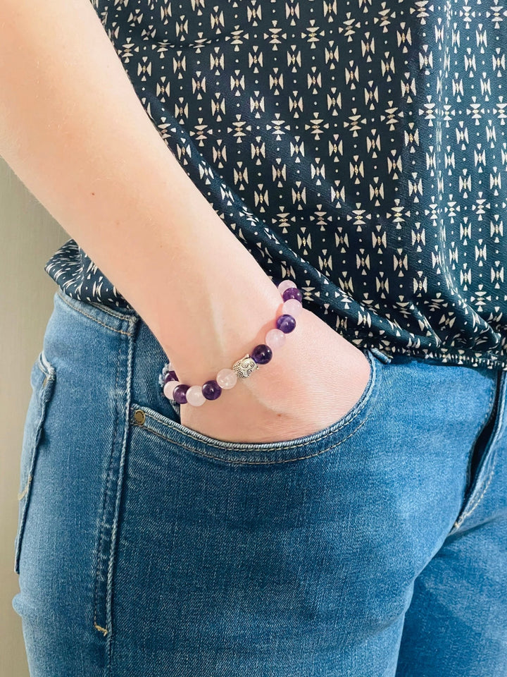 Bracelet en perles naturelles en Quartz Rose, Améthyste et bouddha - Les bijoux de Théa