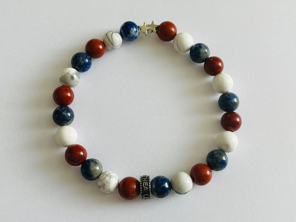 Bracelet en perles naturelles Équipe de France en Lapis-lazuli, Howlite, Jaspe Rouge et 2 étoiles - Les bijoux de Théa