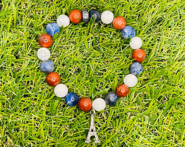 Bracelet en perles naturelles PSG en Sodalite, Howlite, Jaspe Rouge et Tour Eiffel - Les bijoux de Théa