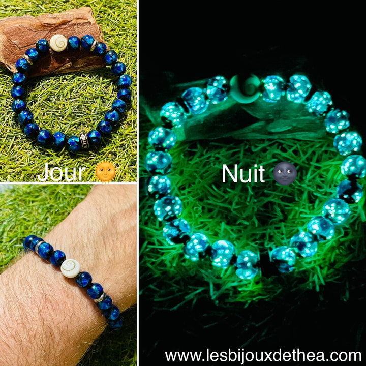 Bracelet "SEA" en perles Lumineuses bleues 8 mm et Oeil de Sainte Lucie / Shiva - Les bijoux de Théa