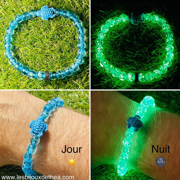 Bracelet "TORTUE" en perles Lumineuses bleues claires 8 mm et tortue - Les bijoux de Théa