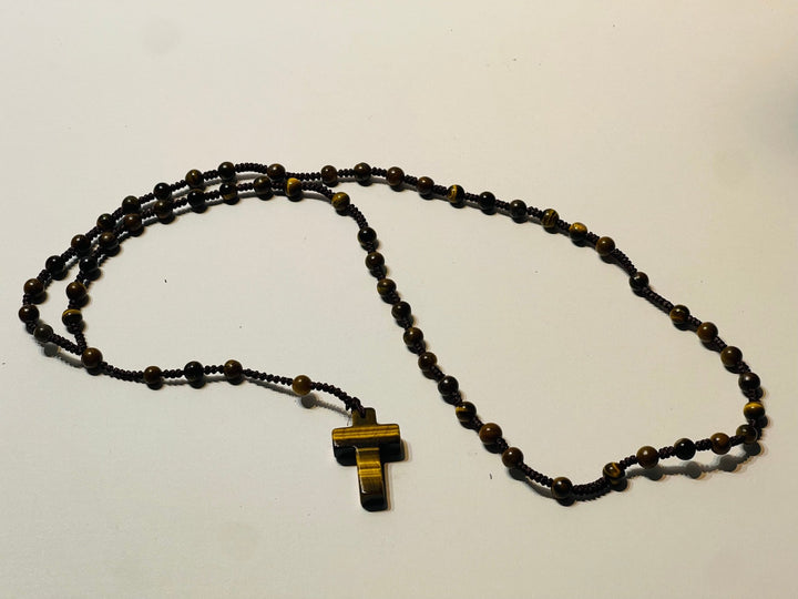 Collier / chapelet bouddhiste en perles et croix Œil de tigre - Les bijoux de Théa