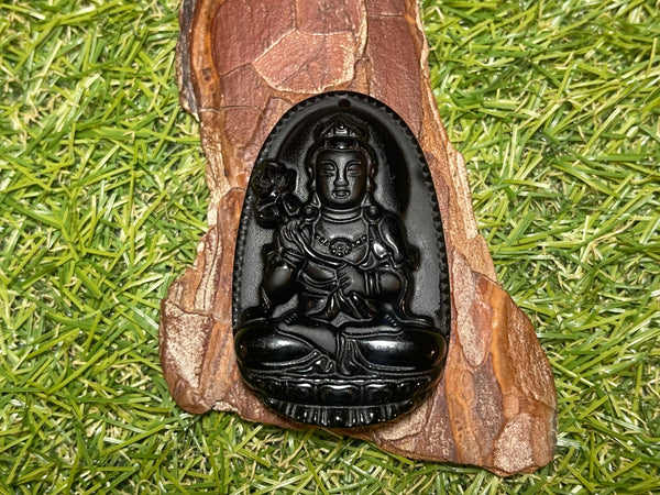 Pendentif Amulette Bouddha Lotus en Obsidienne