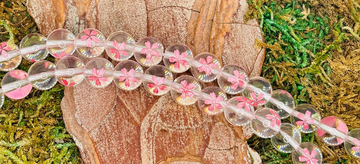 Lot de 2 Perles naturelles en Cristal de Roche avec sakura en 12 mm - Les bijoux de Théa