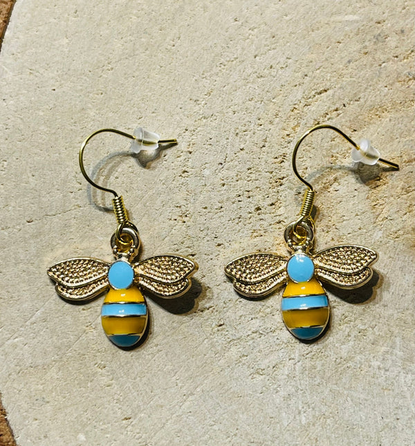 Paire de boucles d’oreilles Abeille bleue et jaune - Les bijoux de Théa