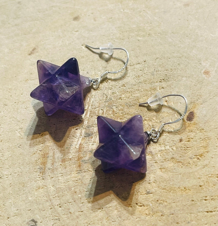 Paire de Boucles d’oreilles Argent 925 en forme de Merkaba en Améthyste - Les bijoux de Théa
