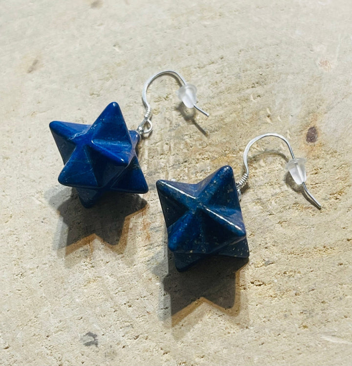 Paire de Boucles d’oreilles Argent 925 en forme de Merkaba en Lapis lazuli - Les bijoux de Théa
