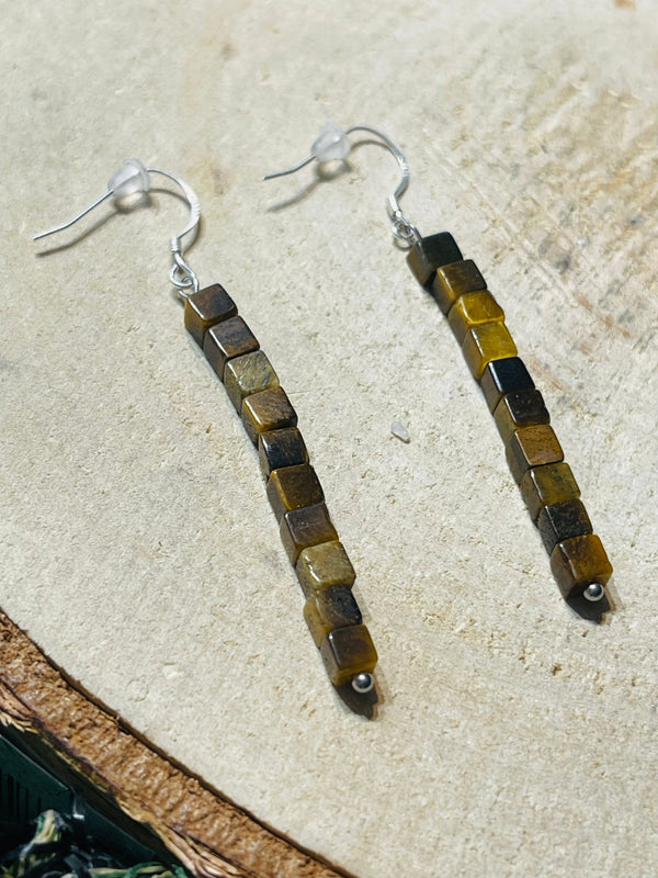 Paire de Boucles d’oreilles Argent 925 pendantes en Œil de tigre - Les bijoux de Théa