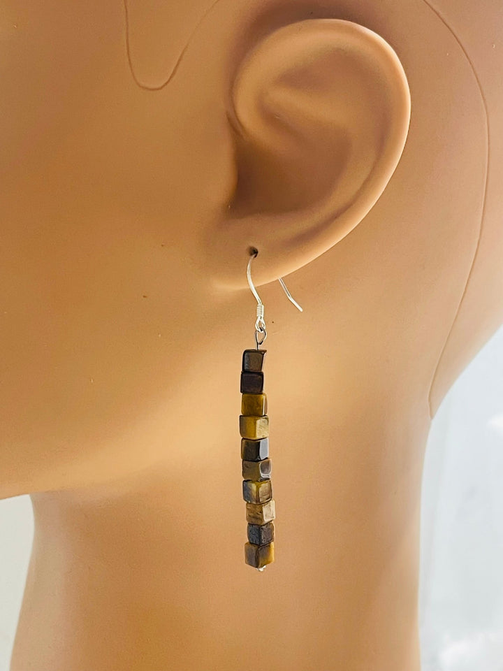 Paire de Boucles d’oreilles Argent 925 pendantes en Œil de tigre - Les bijoux de Théa