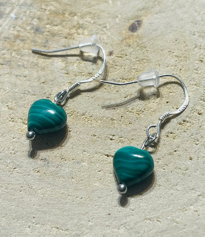 Paire de boucles d’oreilles cœur en Argent 925 et Malachite - Les bijoux de Théa