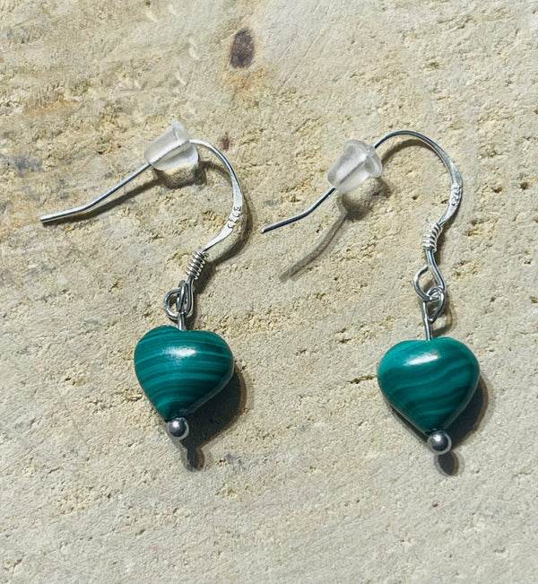 Paire de boucles d’oreilles cœur en Argent 925 et Malachite - Les bijoux de Théa