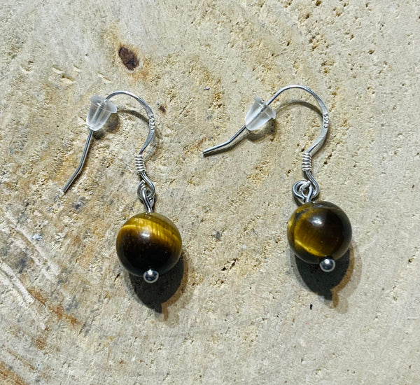 Paire de boucles d’oreilles crochet argent 925 sertie d’Oeil de tigre 8 mm - Les bijoux de Théa