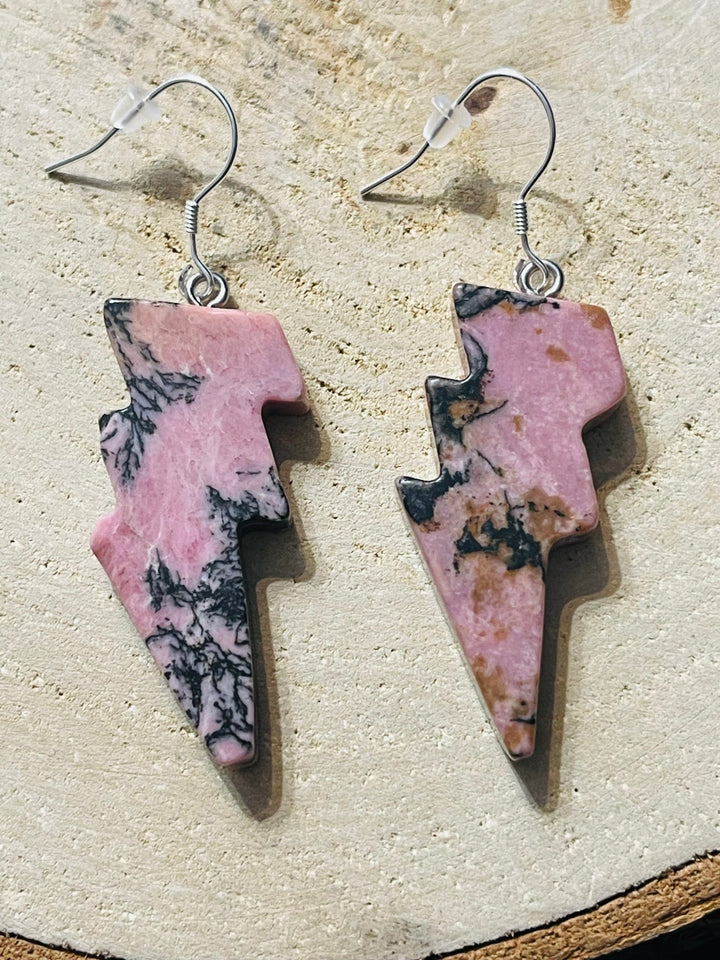 Paire de Boucles d’oreilles Éclair en Rhodonite et Argent 925, style rock - Les bijoux de Théa