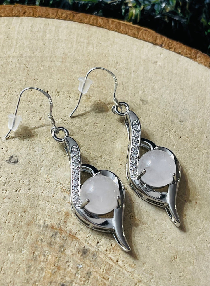 Paire de Boucles d’oreilles en Quartz rose, Diamants Cz et Argent 925 - Les bijoux de Théa