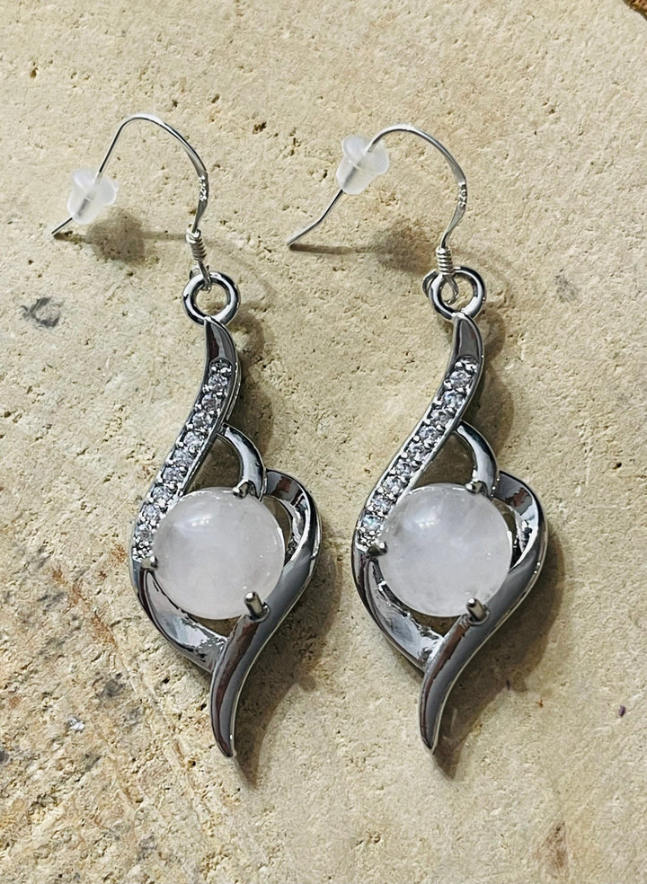 Paire de Boucles d’oreilles en Quartz rose, Diamants Cz et Argent 925 - Les bijoux de Théa