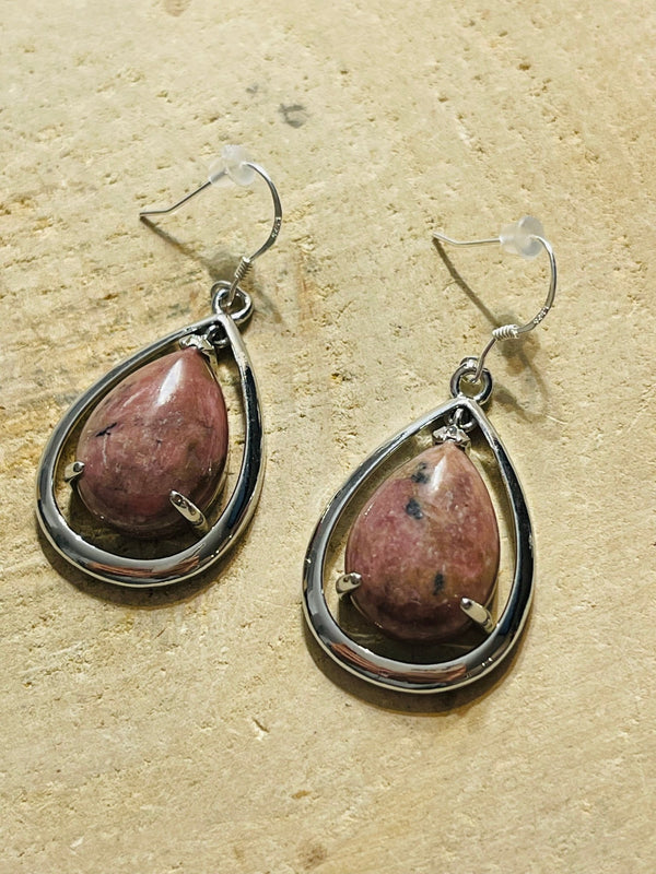 Paire de Boucles d’oreilles en Rhodonite et Argent 925 (2) - Les bijoux de Théa