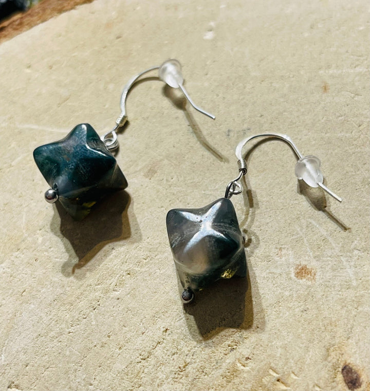 Paire de boucles d’oreilles Etoile en Argent 925 et Agate mousse - Les bijoux de Théa