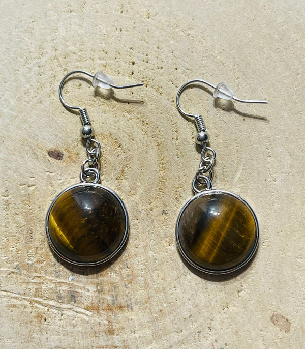 Paire de boucles d’oreilles rond en Œil de tigre à crochet - Les bijoux de Théa
