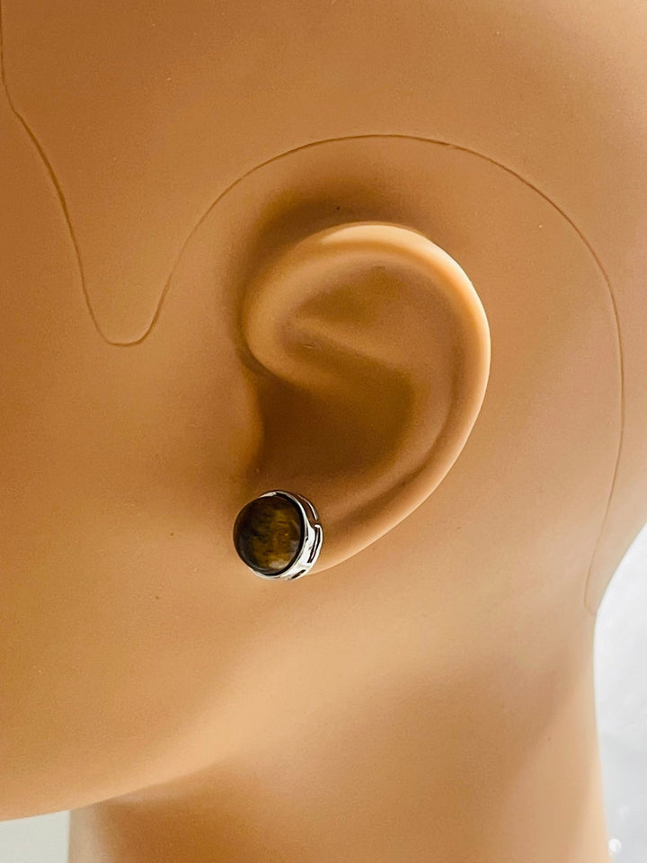 Paire de boucles d’oreilles ronde en Œil de tigre - Les bijoux de Théa