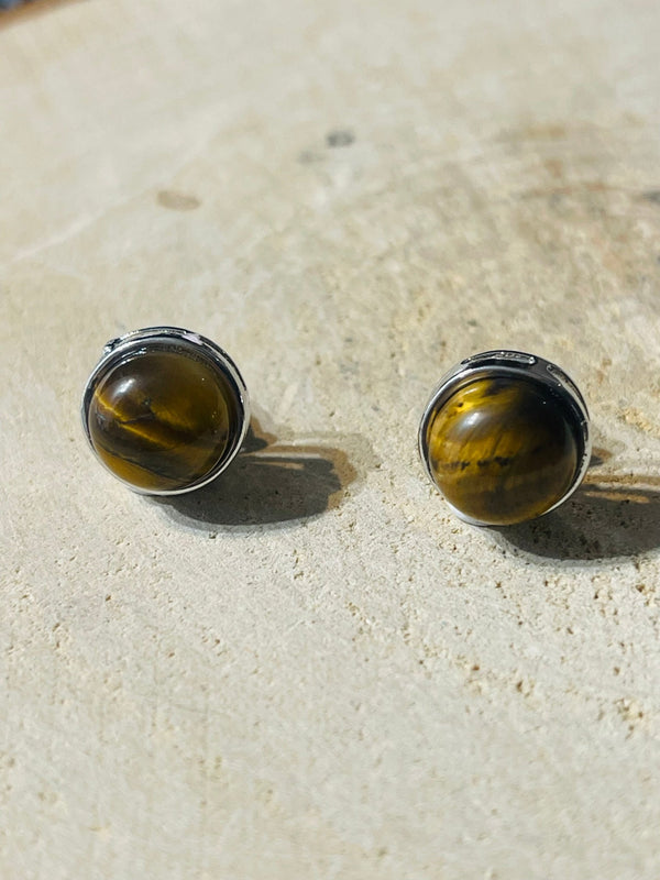 Paire de boucles d’oreilles ronde en Œil de tigre - Les bijoux de Théa