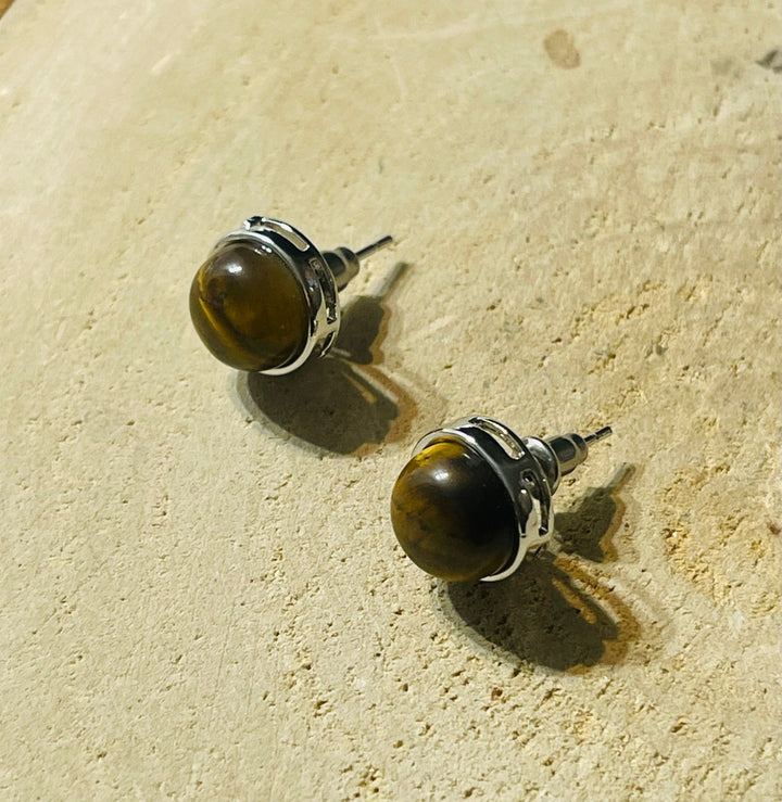 Paire de boucles d’oreilles ronde en Œil de tigre - Les bijoux de Théa