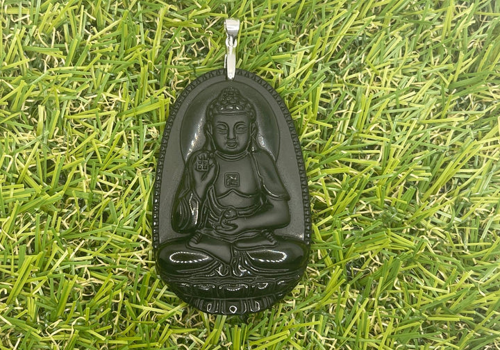 Pendentif Amulette Bouddha en argent 925 et Obsidienne - Les bijoux de Théa