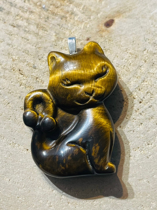 Pendentif Chat en Œil de tigre - Les bijoux de Théa