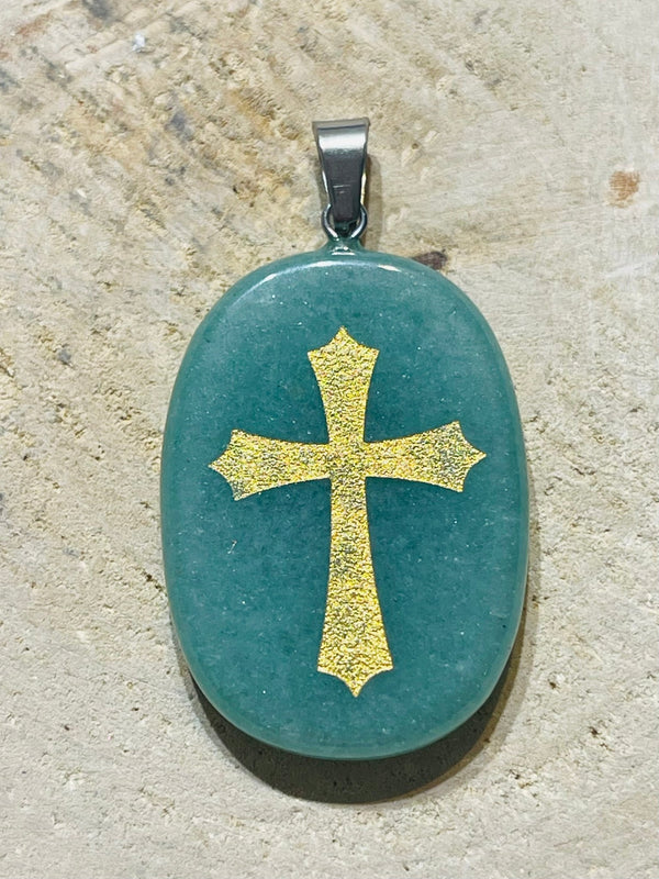 Pendentif en Aventurine verte et croix dorée - Les bijoux de Théa