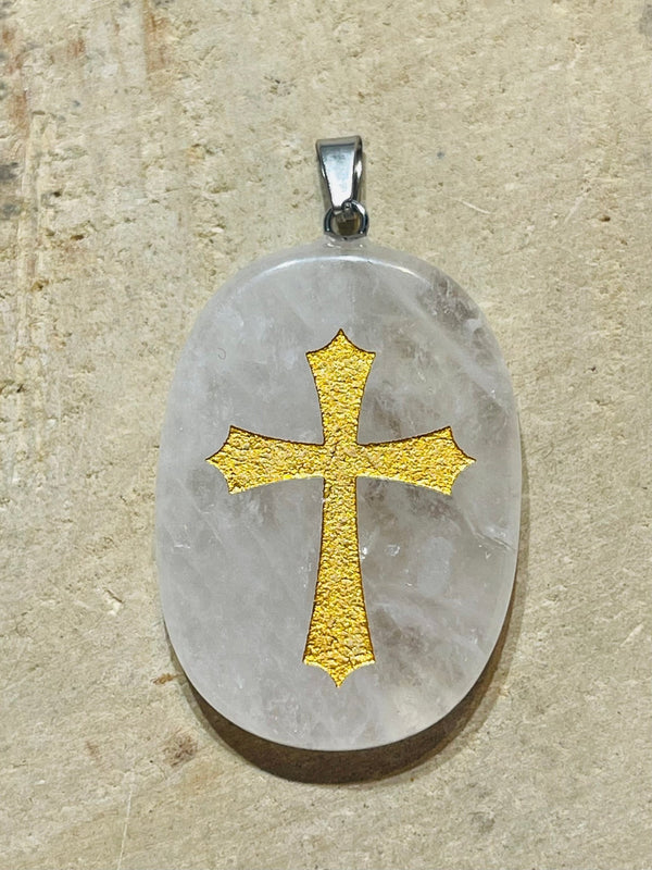 Pendentif en Cristal de roche et croix dorée - Les bijoux de Théa