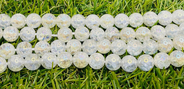 Perles naturelles en Cristal de Roche Aura craquelé en 10 mm - Les bijoux de Théa