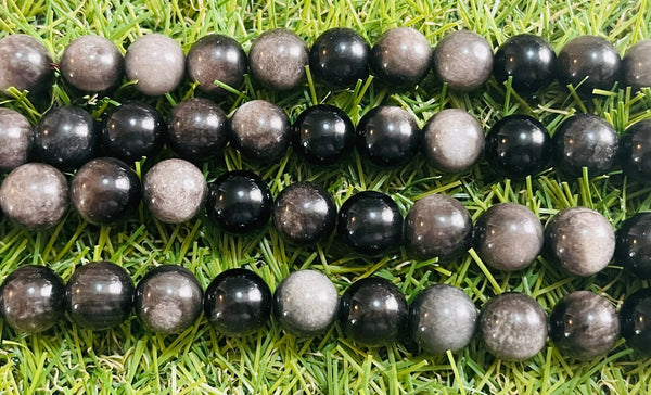 Perles naturelles en Obsidienne Oeil Céleste argentée grise en 10 mm - Les bijoux de Théa