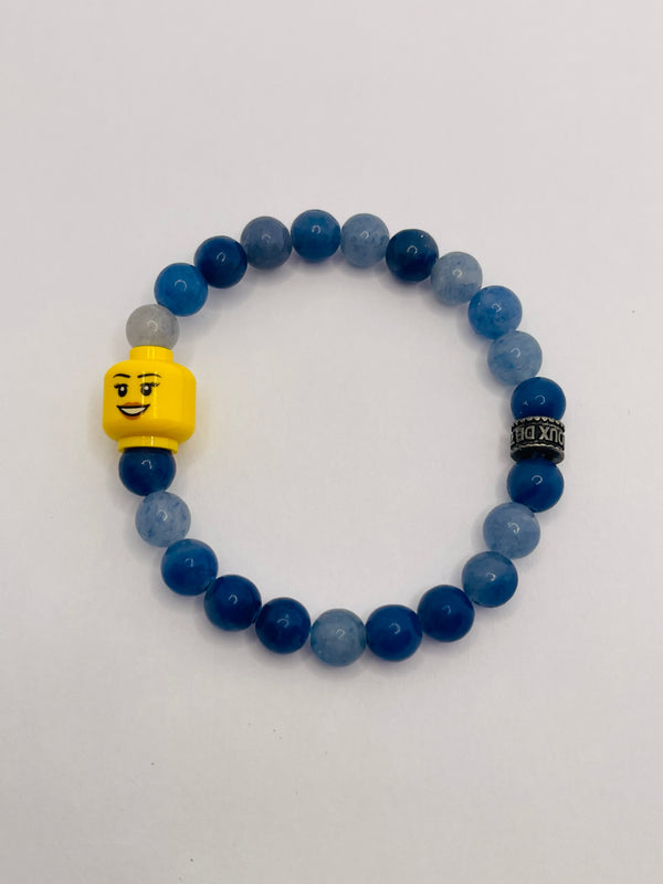 Bracelet pour enfant en perles naturelles 6 mm en Aventurine bleue et tête de Lego