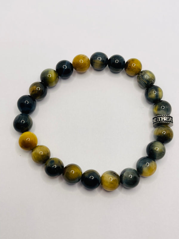 Bracelet en perles naturelles en Oeil de Tigre jaune/bleu